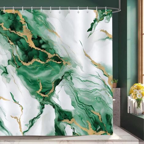 Luxury Abstract Green Gold Turquoise Marble Shower Curtain, Polyester Fabric, Anti-Mold, Waterproof, Washable, Bathroom Curtain 180 x 180 cm with 12 Hooks for Bathtub (1/5)