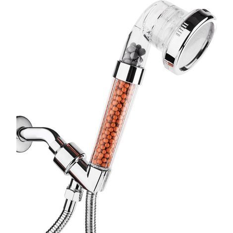 Pommeau de douche haute pression amovible avec tuyau et support, pommeau de douche à filtre ionique avec 3 réglages, économie d'eau et perles de filtre en pierre pour cheveux secs et peau (1/4)