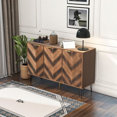 Buffet 3 portes élégant, grand rangement, portes en bois massif plaqué à relief concave-convexe, finitions dorées, meuble bas avec étagères stratifiées. (1/5)