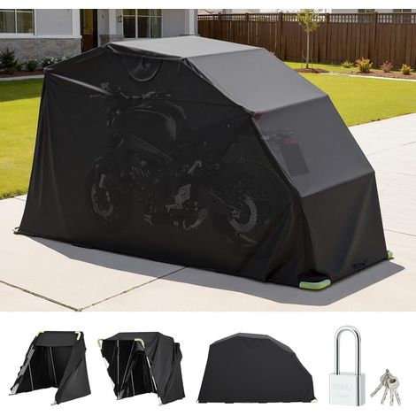 Abri Moto 346x137,5x190 cm Garage Moto Tissu Oxford 600D Tente Garage Rabattable Abri de Rangement Extérieur Toutes Saisons Housse à Revêtement PVC avec Serrure, Fenêtres de Ventilation, Noir (1/5)