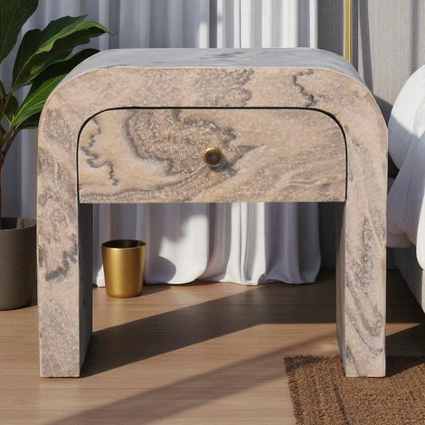 AS EASY Table de chevet Nouveau en bois massif, 1 tiroir, effet marbre stratifié Blanc (1/5)