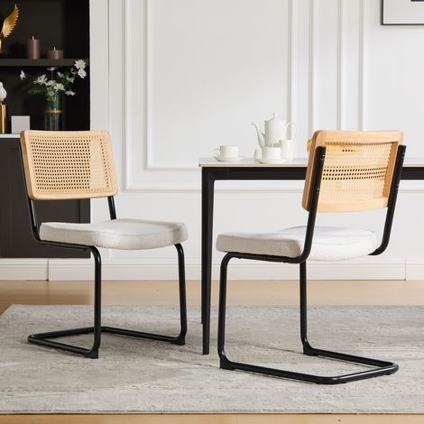 Chaise de salle à manger en rotin moderne, cadre en métal noir, style vintage, dossier cannage synthétique, coussin d'assise en chenille, ivoire, pour cuisine, salon, chambre (1/5)