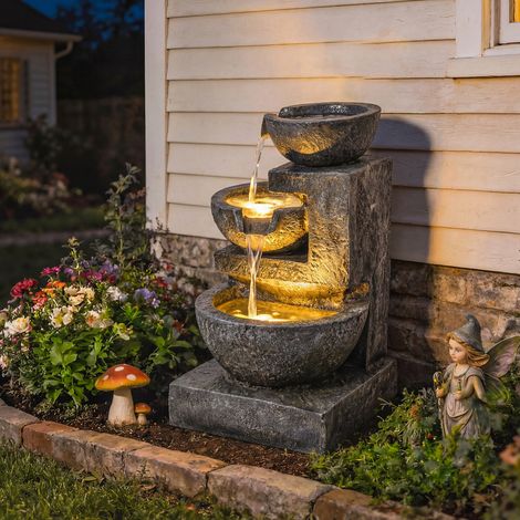 Fontaine de Jardin avec Éclairage LED et Pompe Fontaine Décorative en Cascade de 3 Niveaux 40x37x61 cm Multicolore
