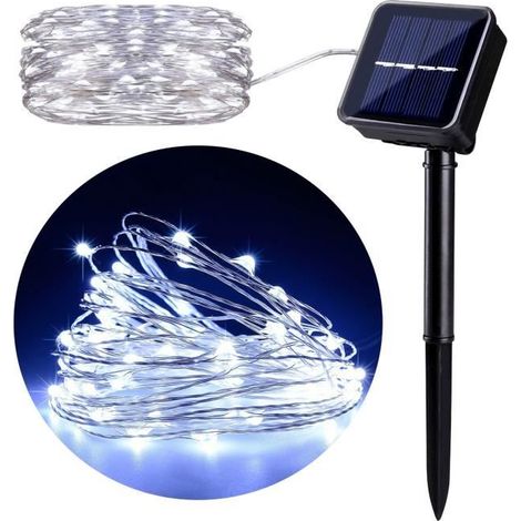 100 LED Guirlande lumineuse solaire, 10 m, 600 mAh, blanc froid, 8 modes, pour jardin et extérieur (1/4)