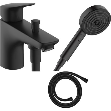 HANSGROHE Pack mezclador mecánico de bañera Logis C2 + rociador Pulsify Select pack 3 jets EcoSmart + flexo Isiflex 160 cm negro mate (1/5)