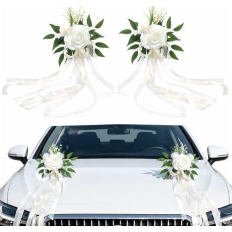 Lot de 2 Fleurs Artificielles Blanches, Grandes Fleurs en Tissu pour Décoration de Voiture de Mariage, Nœuds Floraux pour Rétroviseur, Chaise, Église, Bureau, Noël, 50 x 25 cm (1/5)