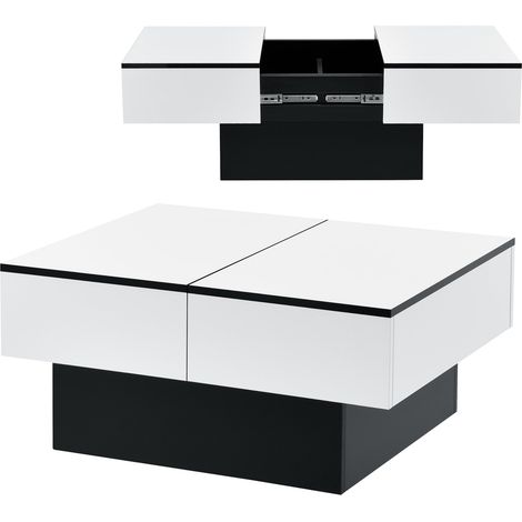Table basse de salon rangement panneau de particules 80 cm noir blanc (1/4)
