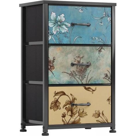 Commode Vintage avec 3 Tiroirs en Tissu - Meuble de Rangement Style Floral avec Cadre Métallique & Plateau en Bois - Table de Chevet pour Chambre, Salon, Couloir (40x29x63 cm) (1/5)