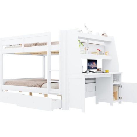 Multifunktionales Etagenbett 140 x 200 cm Weiß mit Schreibtisch, Stauraum und Schubladen (1/5)
