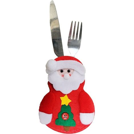 Lot de 2 porte-couverts décoratifs de Noël - Motifs Père Noël et sapin - Accessoire de table festif pour repas de fête (1/4)