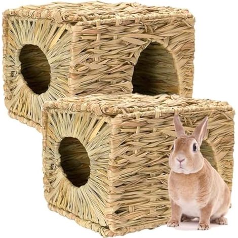 Paire de maisonnettes pliables en herbe tressée avec lit cachette et tapis de foin pour lapins, cochons d'Inde, gerbilles, hamsters et petits animaux (1/4)