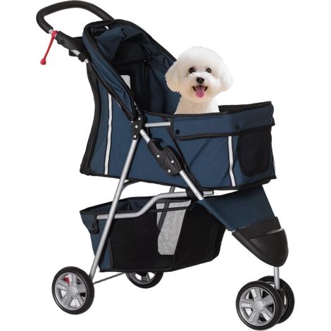 Petit chariot pour chiens avec panier de rangement, fenêtres en maille et 2 roues universelles 75 x 45 x 97 cm bleu foncé