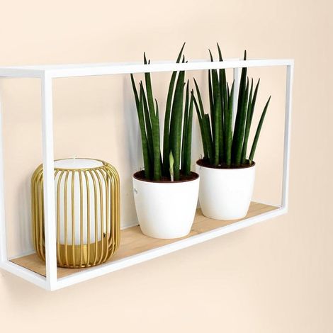 Étagère murale en métal blanc avec bois de bambou SOTO – Facile à suspendre – Étagère murale décorative noire (blanc, 52 cm x 27 cm x 12 cm (blanc, 42 cm x 24 cm) (1/5)