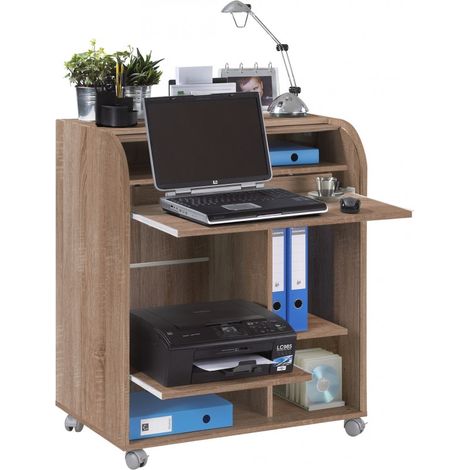 Beaux Meubles Pas Chers – Bureau gamer chêne imitation avec rideau coulissant – Largeur 79.2 cm – Hauteur 93.8 cm – 4 roulettes avec frein – Éco-conçu en France