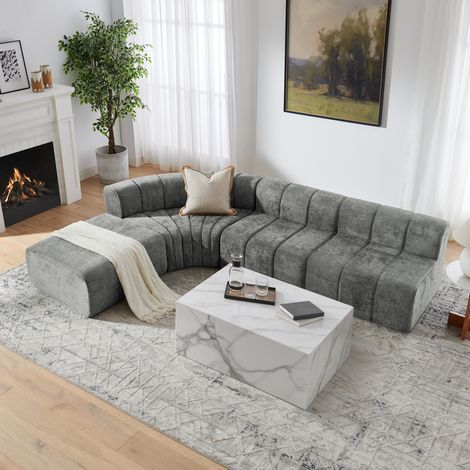 Canapé d'angle modulable 4 places en chenille gris, assise gain de place – MEUBLIV (1/5)