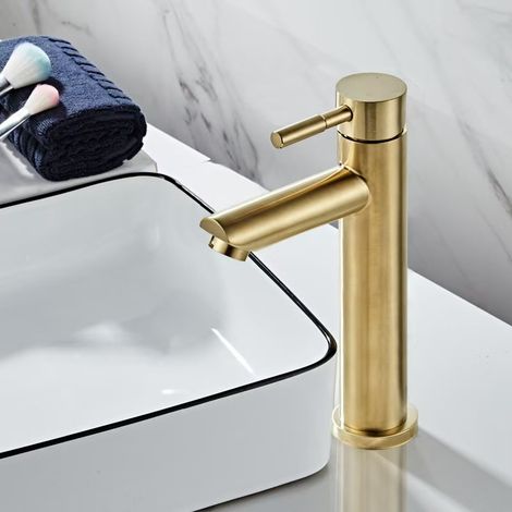 Export-grade 304 stainless steel brushed gold bathroom sink, single-hole washbasin, hot and cold water undermount basin faucet - brushed gold straight spout tall style [hot and cold water]