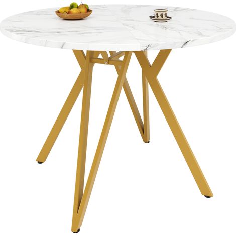 Ensemble table à manger ronde 5 pièces 100 cm, plateau effet marbre, 4 chaises gris en tissu, piètement métal doré, pieds réglables, pour cuisine - CHICFURN (1/5)