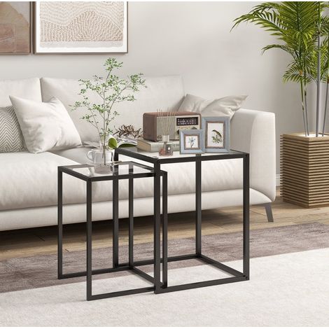 Table d’appoint lot de 2 en verre trempé noir, structure acier, gigognes empilables 42 cm (1/5)
