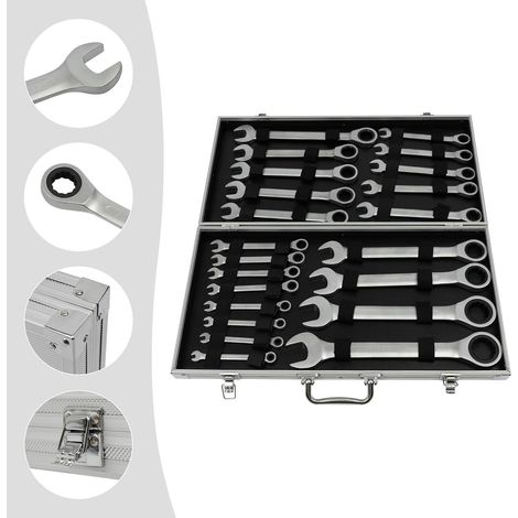 Clés Plates à Cliquet 22 Pièces, 6-32 mm Jeu de Clés à Cliquet Mixtes Clef Plate a Cliquet, Clé à Fourche, Clé Polygonale (1/5)