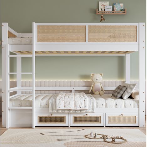 DESVIAE Lit superposé enfant avec barrières de sécurité rangement 3 tiroirs sur roulettes échelle à 4 marches rotin tressé blanc et naturel 90 x 200 cm (1/5)