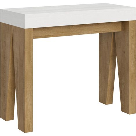 Console Extensible 90X40/196 Cm Naxy Mix Petit Plateau Frêne Blanc Structure Chêne Nature (1/5)