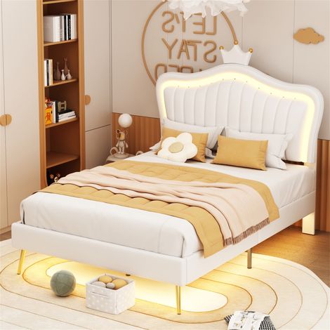 Einzelbett (90x200 cm) – Polsterbett (90x200 cm) Kinderbett (90x200 cm) mit LED-Beleuchtung, Lattenrost, muschelförmigem Kopfteil und Kronen-Tiara, PU-Bezug, weiß