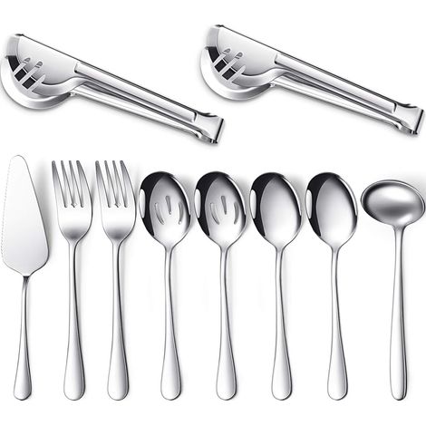 Juego de cubiertos de 10 piezas de acero inoxidable para servir: cuchara grande, espumadera, tenedor, pinzas, pala para sopa, pala para tarta. Regalo de Navidad para madre o esposa (plateado).