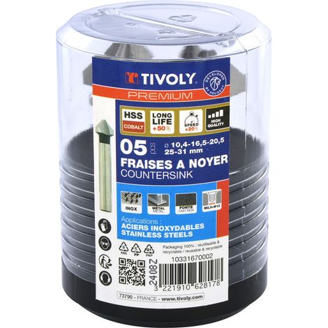 Tivoly • 5 frese per noce 90° HSS-E5 (Cobalto 5%) • Ø10.4mm / Ø16.5mm / Ø20.5mm / Ø25mm / Ø31mm • Per la lavorazione di acciai resistenti • Per la lavorazione della ghisa • Per la lavorazione della pl (1/2)