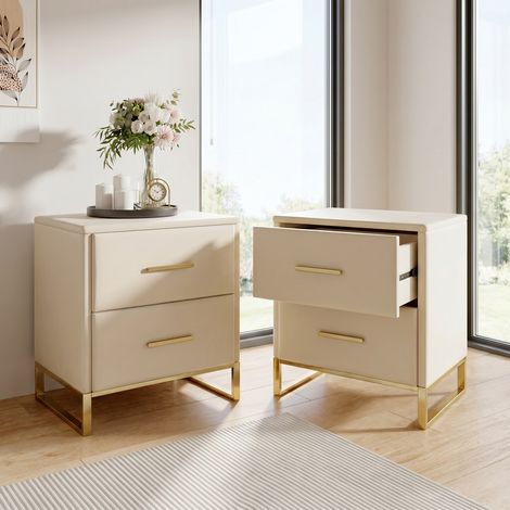 Lot de 2 tables de chevet velours beige 40x40x50 cm, 2 tiroirs, meuble de rangement avec pieds et poignées dorés, style scandinave (1/5)
