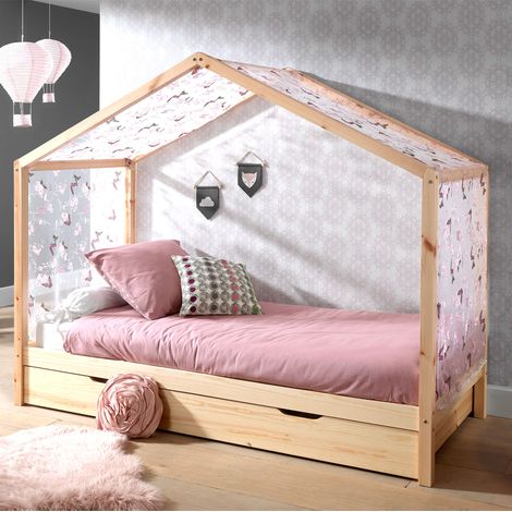 Lit cabane gigogne 90x200 avec voile pin massif clair Kobi (1/3)