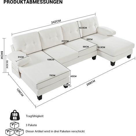 Canapé 4 places en U beige en chenille avec chaise longue. Dossier réglable convertible en lit d'invité pour salon et bureau