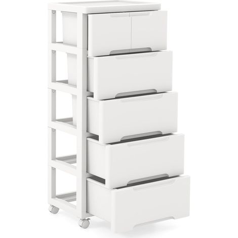 GOPLUS Meuble de Rangement Roulant en Plastique à 5 Tiroirs, Casier de Rangement Mobile avec 4 Roues Universelles, Grand Plateau, Vertical pour Salon, Chambre, Bureau à Domicile, Salle de Bain, Blanc (1/5)