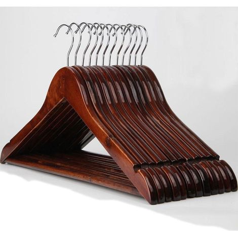 Cintre en Bois Lot de 5 avec Encoches Antidérapantes, Barre Pantalon Anti-Glisse, Crochet Pivotant 360°, pour Costumes, Chemises, Manteaux, Couleur Bois Naturel (1/5)