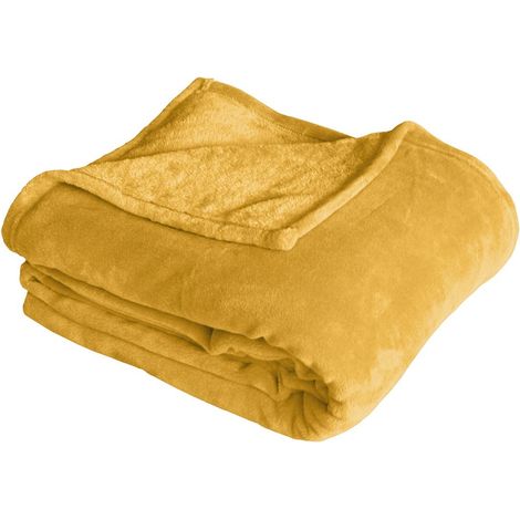 Couverture unie en molleton Jaune moutarde 180x220 cm (1/3)