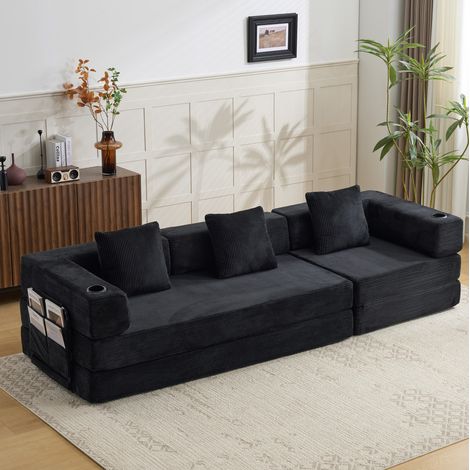 Sofá cama convertible de pie con reposabrazos, portavasos y bolsillo lateral, de pana - negro (1/5)