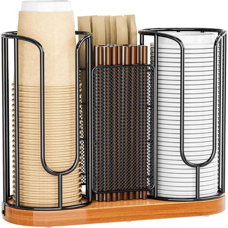Porte-tasses à café et couvercles – Organiseur de pailles jetables avec base en bois – Distributeur de gobelets en papier plastique pour comptoir, station de café, bar, restaurant, bureau, salle de (1/5)