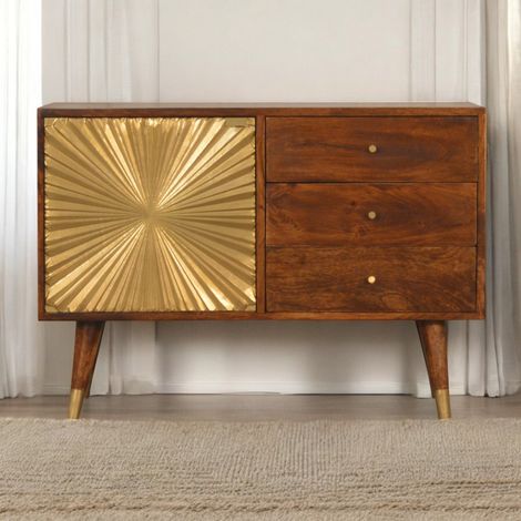 Buffet en bois massif Manila Gold, 3 tiroirs, 1 grand meuble intérieur, marron (1/5)