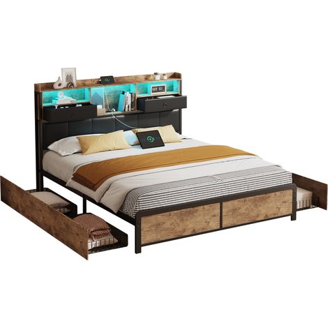 Dans Les Nuages – Lit double 140x200 cm avec 4 tiroirs – Tête de lit LED avec ports USB – Similicuir capitonné – Sommier à lattes en bois – Style industriel vintage