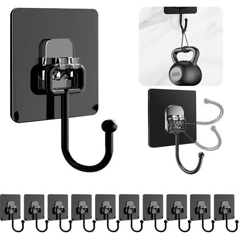 Crochets muraux adhésifs, noirs, lot de 10, étanches, résistants à la rouille, adaptés à la salle de bain et à la cuisine