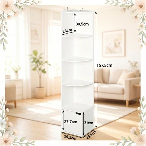 Étagère d'angle blanche en bois E1 avec 5 étagères ouvertes et 1 armoire, meuble de rangement multifonction pour salon ou bureau (1/5)