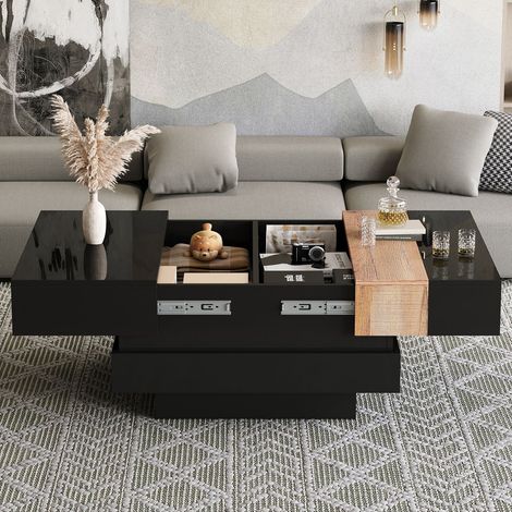 Table basse 70x70x40, finition brillante bicolore table basse salon, plateau extensible, rangement intégré (1/5)