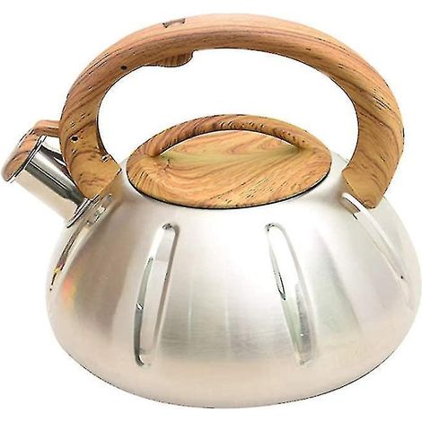 Bouilloire sifflante en acier inoxydable, avec poignée ergonomique en bois, compatible avec les plaques de cuisson à gaz et à induction. (1/5)
