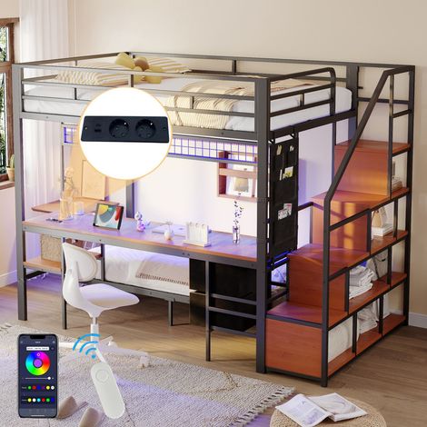 Lit Mezzanine métal 140x200 avec Bureau, LED et Prise, Lit Superposé Enfant 2 Places avec Rangements Ouverts et Tiroirs Tissu, Lit en Hauteur, Noir