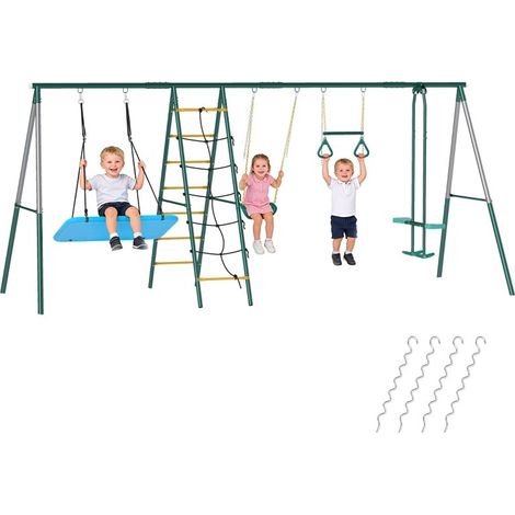 Structure de jeu 5-en-1 : balançoire nid ajustable, anneaux de gymnastique, double siège et mur d'escalade, 3-8 ans, 440×175×203 cm