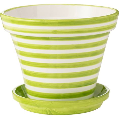 Cache pot en céramique peint à la main rayures vertes artisanales - Rayures vertes et blanches artisanales (1/3)