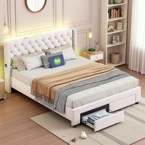 Letto con cassetti - 160x200 Velluto beige - LED RGB integrata - 2 cassetti + spazio di stoccaggio - USB 5V/2A