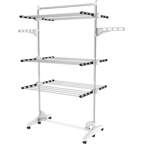Todeco – Etendoir à linge 3 étagères – Tubes en acier inoxydable – Charge max 3 kg par barre – Dimensions déployé 87,9 x 66 x 145 cm