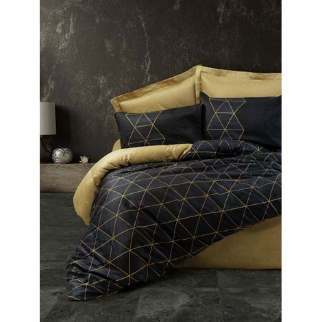 Parure de lit - 1 housse de couette 140 x 200cm + 1 taies d'oreiller 60 x 60 cm - 100% coton renforcé - Imprimé graphique Noir / Or
