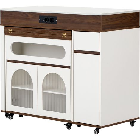 Mesa isla de cocina extensible con ruedas, enchufe, vidrio acanalado y cajón, blanco nogal (1/5)