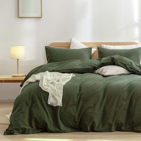 Housse de Couette Coton 220x240 cm Vert Olive Coton Couleur Unie Parure de Lit Adulte avec Fermeture Éclair Aspect Ridée Naturel Housse Couette avec 2 Taie d'oreiller 65x65 cm (1/5)